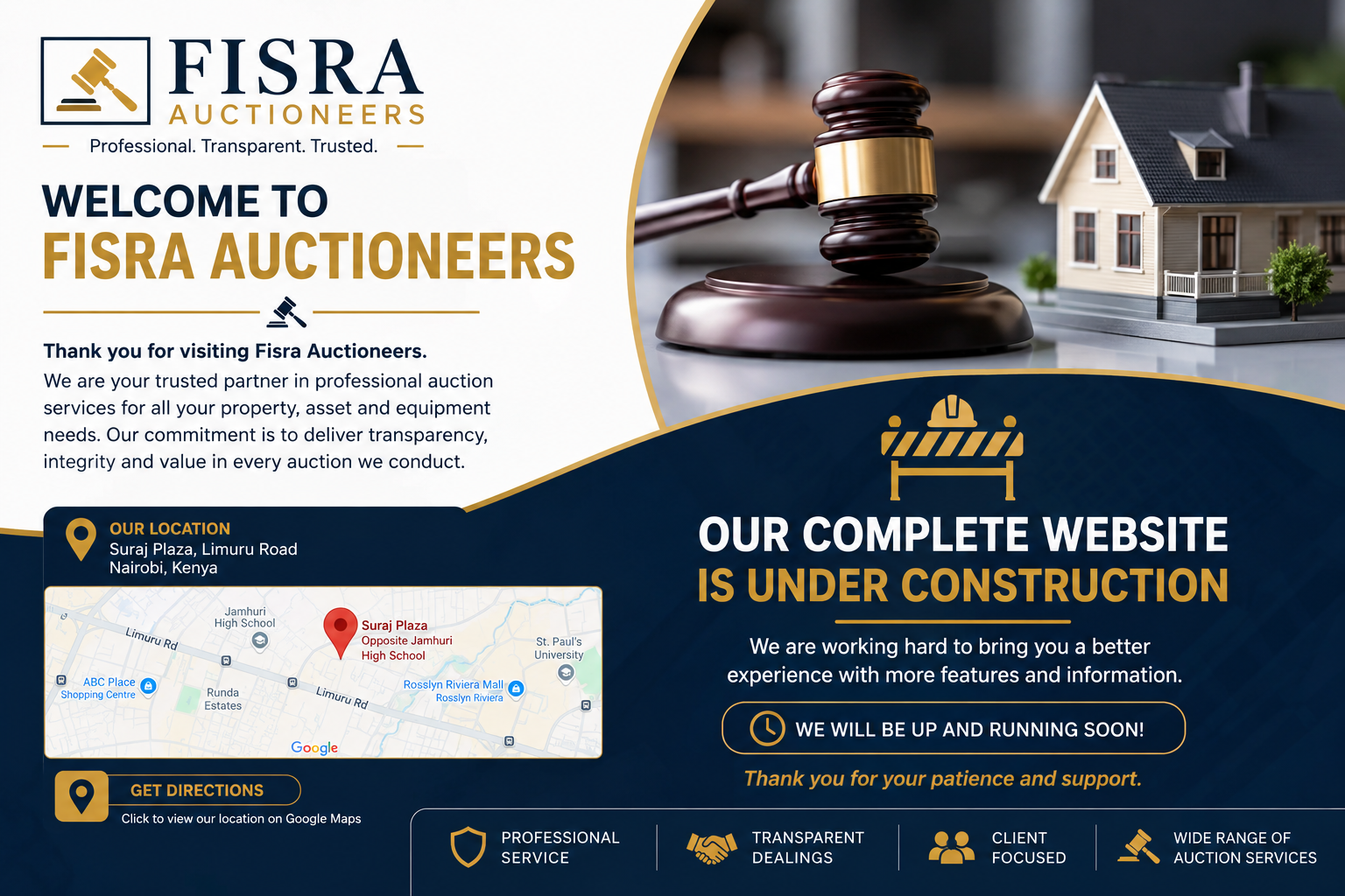 Fisra Auctioneers professional auction themed welcome banner